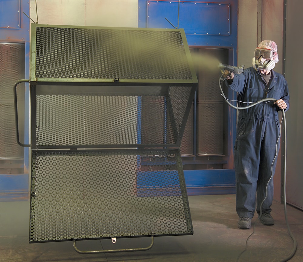 powder coating being applied to material-handling equipment