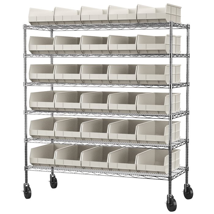 Mobile Wire Shelving, 6 Shelves w/ 30 AkroBins AWS2460M30358