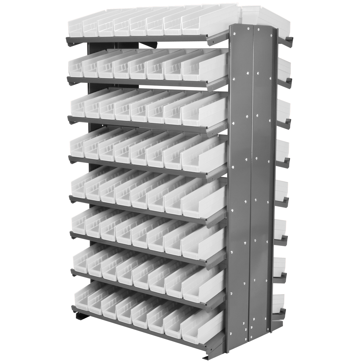 Mobile storage bin rack with 112 storage bins, double-sided