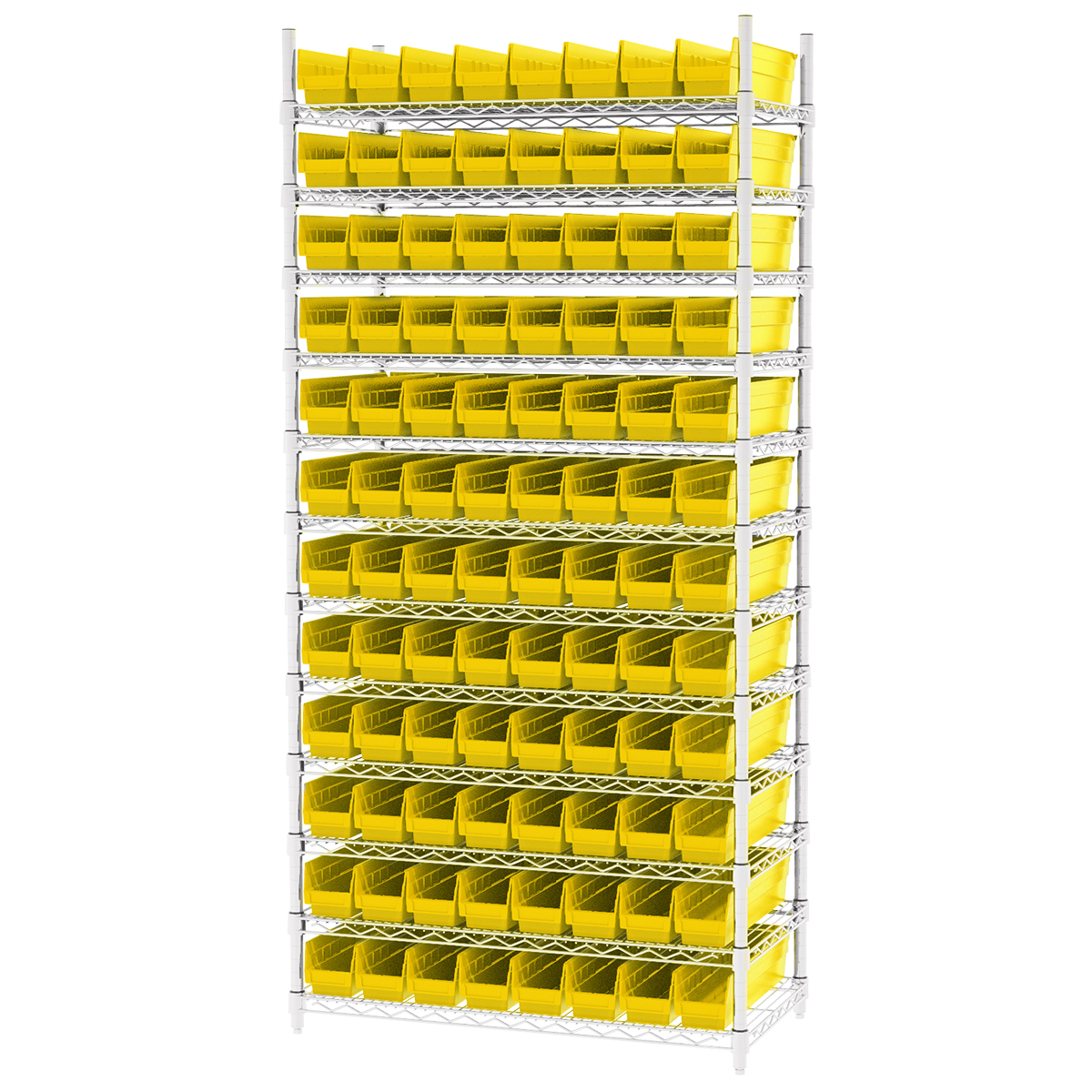 Wire Shelf Bin Organizer - 36 x 12 x 72 with 4 x 12 x 4 Blue Bins